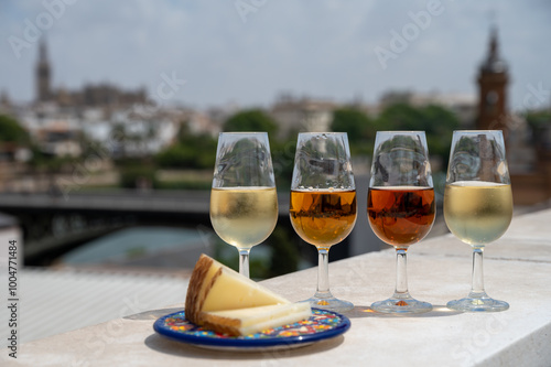 Sherry fino, manzanilla, cream wine tasting on roof of old Triana district in Sevilla with view on Sevilla houses and churches, wine glasses