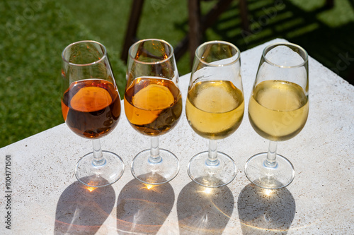 Sherry fino, manzanilla, cream wine tasting on roof of old Triana district in Sevilla with view on Sevilla houses and churches, wine glasses