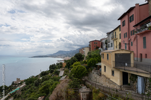 Colourful view on Italian Riviera and blue Mediterranean Sea from French-Italian border in Grimaldi village, Ventimiglia near San-Remo, travel destination, panoramic view