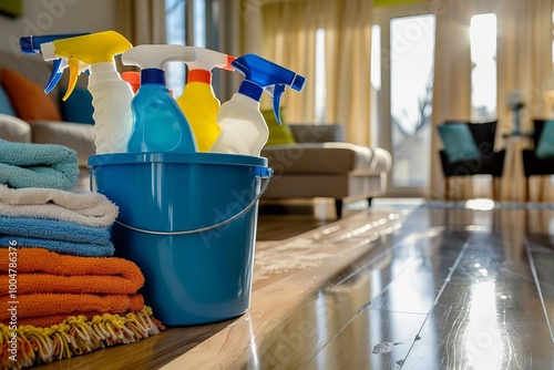 Household Cleaning Supplies Kept in a Blue Bucket on Wood Flooring