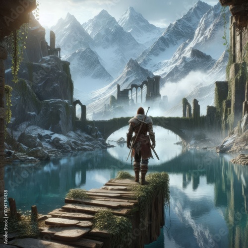 An adventurer stands on a wooden bridge, overlooking the ruins of an ancient structure set against a backdrop of snow-capped mountains. The image conveys a sense of exploration, mystery, and the