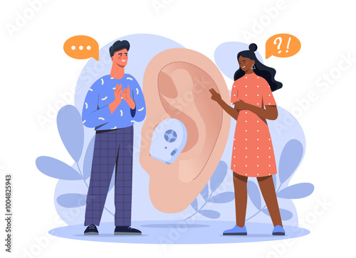 Deaf mute communication. Man and woman communicate using sign language against background of ear. People with disability. Speaking program. Flat vector illustration isolated on white background