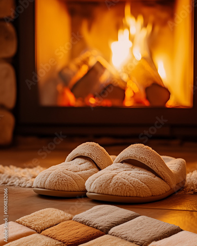 Cozy slippers by fireplace in warm and inviting winter setting