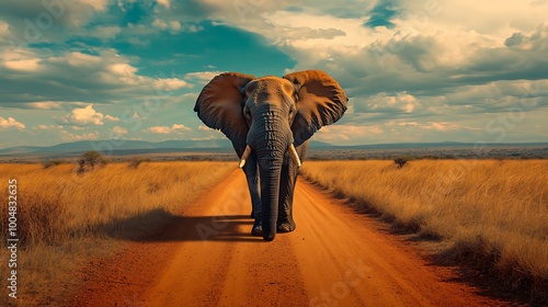 A large African elephant walks down a dirt road in a savanna landscape with a blue sky and fluffy clouds in the background.