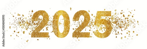 Glittering golden numbers 2025 with sparkling confetti particles scattered around, symbolizing celebration and anticipation for the upcoming New Year.