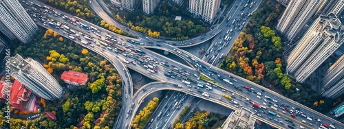 Busy urban intersection view from above showcases traffic flow and city development during fall in a metropolitan area