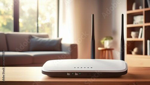 New white Wi-Fi router on wooden table indoors