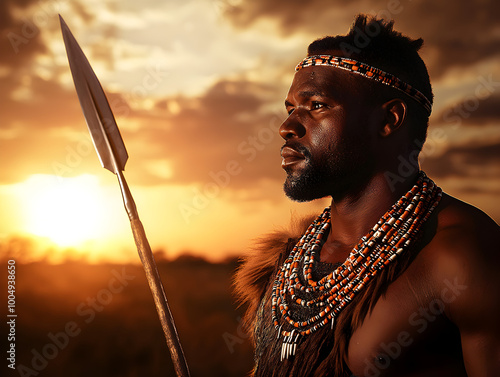 A fierce Zulu warrior, adorned with traditional beads and holding a spear, standing in a dramatic pose against a backdrop of a savannah as the sun rises. Zulu warrior at sunrise.