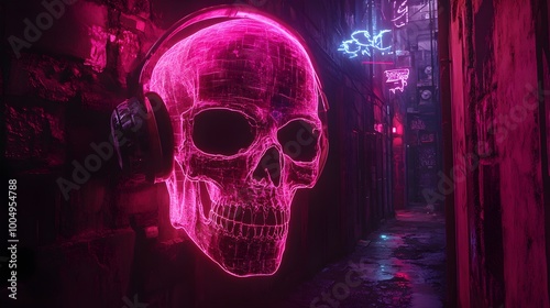 A futuristic graffiti skull with metallic headphones, digital graffiti holograms hovering around, urban dystopian alleyway, Holographic, Neon glow, Digital art