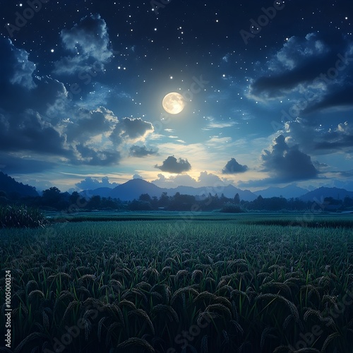 A serene night scene with a full moon shining over a field of rice paddy in a rural landscape.