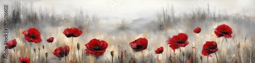 Red poppies in misty field for Remembrance Day, Poppy Day, Veterans Day, Anzac Day