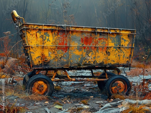 Rusty Abandoned Cart in a Foggy Forest