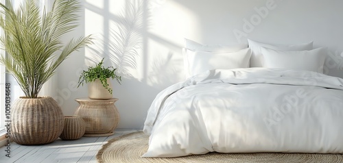 Cozy bedroom with white bedding, natural light, and potted plants.