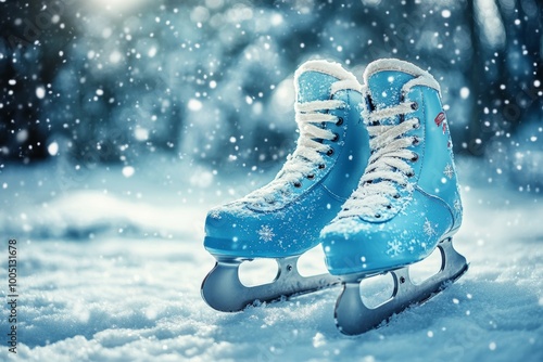 Blue ice skates resting on a snowy ground surrounded by a snowflake covered background