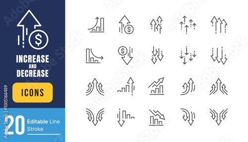 Set of Increase and Decrease Related Vector Line Icons. Contains such Icons as Finance Chart, Abstract Graph, Trend and more. Editable Stroke.