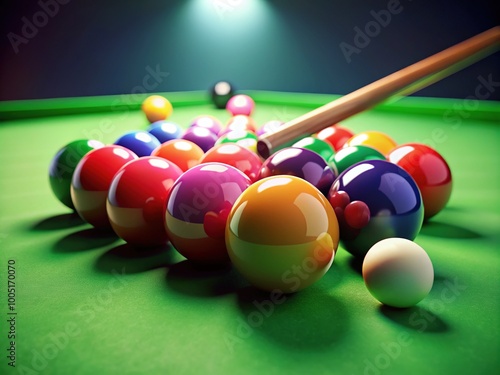 Colorful billiard balls and a cue on a vibrant green table create an engaging snooker background design, perfect for enthusiasts of the game and its aesthetics.