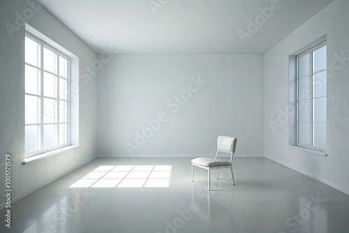 Empty white room with minimal furniture, soft natural light, and a subtle sense of melancholy, evoking feelings of loneliness and contemplation.