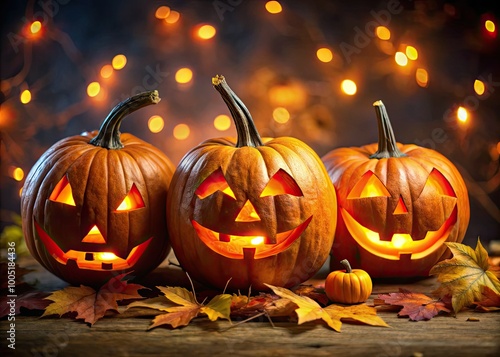 Vibrant orange pumpkins display a variety of playful, spooky, and goofy jack-o'-lantern faces, lit up against a dark autumnal background, evoking Halloween magic and whimsy.