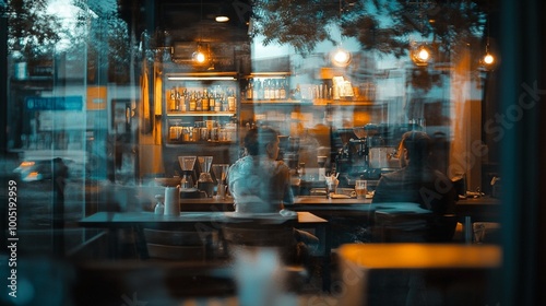 Cozy evening ambiance in a dimly lit cafe, viewed through a window reflection. Warm lights illuminate bottles and glasses, creating an inviting atmosphere.