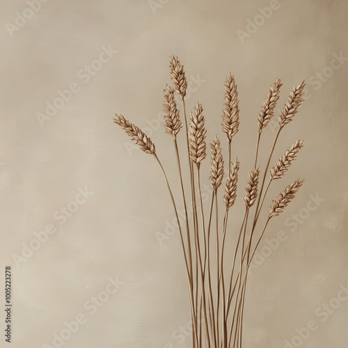 Dried Wheat Stalks on Beige Background - Minimalist Nature Still Life Photography