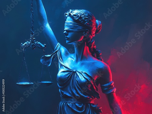 Lady Justice Statue in Neon Blue and Red Light, Abstract Legal Concept