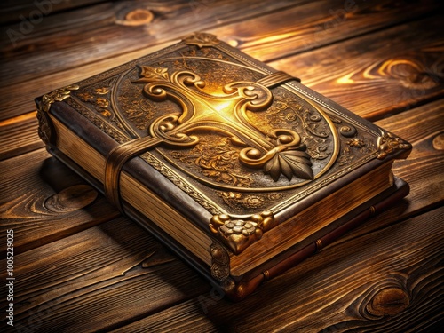 Vintage leather-bound holy scripture with ornate gold filigree and subtle worn pages, set against a warm, rustic wood grain background with soft, golden lighting.