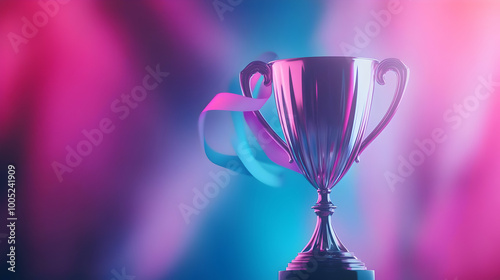 Shiny trophy with ribbon on colorful background, celebrating achievement and success.