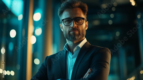 Confident businessman in suit and glasses standing with arms crossed in modern office setting, showcasing professionalism and leadership.