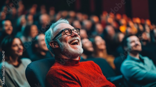 Elderly man enjoying a comedy show in a crowded theater, surrounded by smiling audience members.