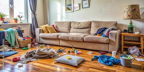 Messy living room with dirty sofa and chaos on floor, clutter, disorganized, untidy, messy, chaos, living room, interior, home