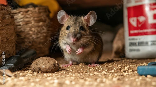 Close-up of rat droppings in an attic space, exterminator tools and traps ready, infestation treatment, rodent control