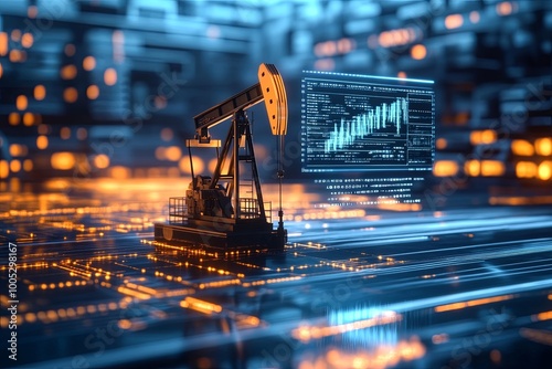 A 3D rendering of an oil rig with a digital display showing a graph of oil prices.