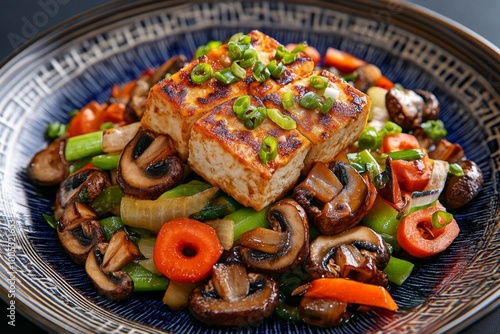 A close-up of a vegetarian dish being served during the Vegetarian Festival, featuring stir-fried tofu, vegetables, and mushrooms on a traditional Thai plate.