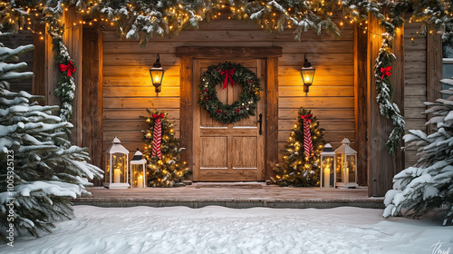 Cozy winter cabin entrance decorated with festive lights and wreath