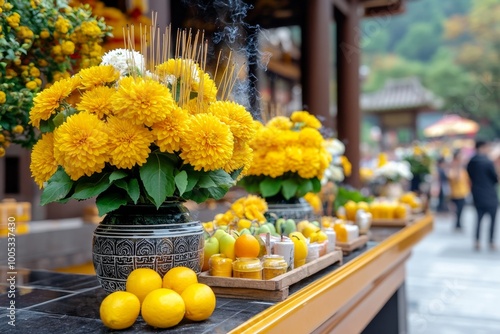 A temple altar decorated with yellow flowers, fruits, and vegetarian offerings during the Vegetarian Festival, as devotees pray and light incense.