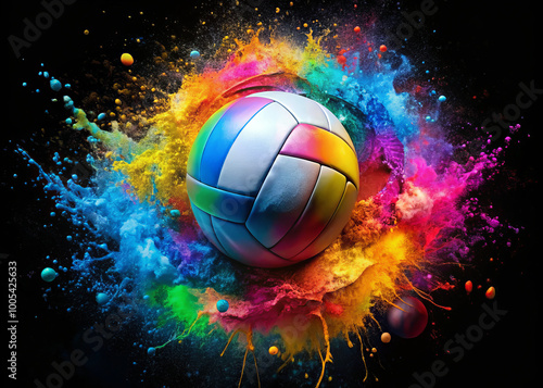 vibrant volleyball surrounded by colorful splashes of paint creates dynamic and energetic scene. explosion of colors evokes excitement and movement, perfect for sports enthusiasts