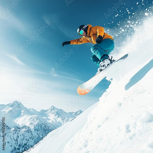 Dynamic snowboarder soaring off a mountain peak, snow flying, intense speed, capturing pure adrenaline and extreme action in a snowy landscape