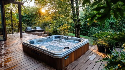 A serene outdoor spa with a hot tub surrounded by lush greenery and warm sunlight, perfect for relaxation and comfort.