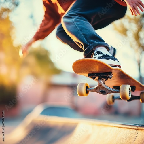 Skateboarder kickflipping over a gap, intense action, capturing street skating energy