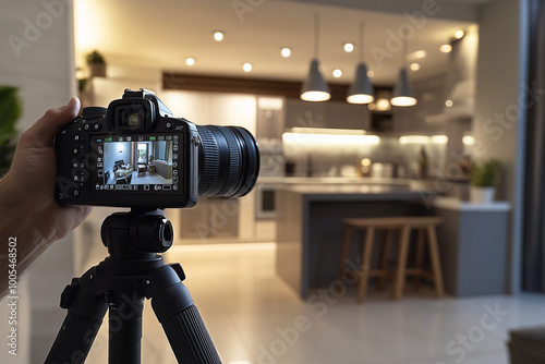 Camera viewfinder showing an interior photography shot of a modern kitchen, highlighting the process of professional real estate and home staging photography