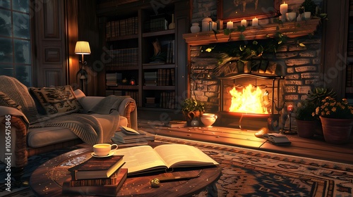 A cozy living room scene with coffee an open book and glowing fireplace