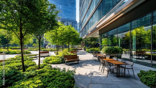 Modern office building with a landscaped courtyard featuring benches and tables for outdoor seating.