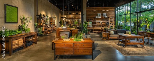 A green-certified furniture maker specializing in handcrafted pieces from reclaimed wood and sustainable materials, with a showroom lit by natural light