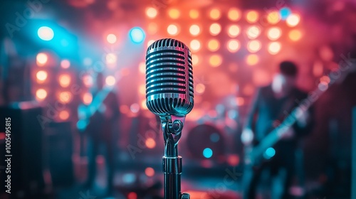 A vintage microphone stands in front of a band performing on stage under colourful lights.