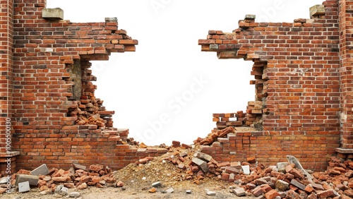 Panoramic view of a demolished brick building wall with rubble pile isolated on white background