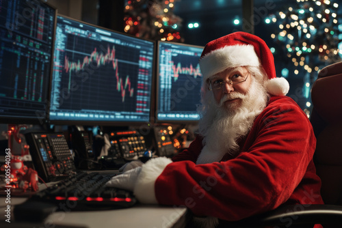 Santa Claus working at a trading desk with computer monitors displaying stock market charts. Concept of finance, holidays, and humorous juxtaposition of Santa in a modern work environment.