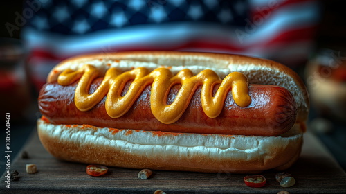 American Hot Dog with Mustard Topping in Soft Bun, Classic BBQ Food with United States Flag in Background