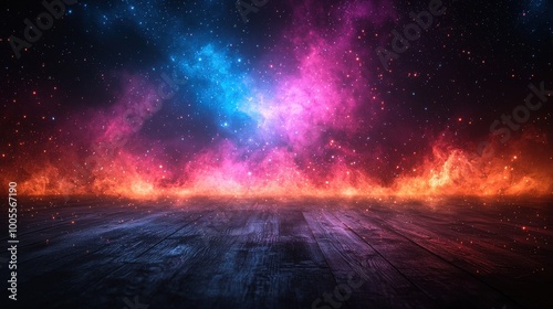 A colorful cosmic background with vibrant nebulae and fiery edges illuminating a wooden floor