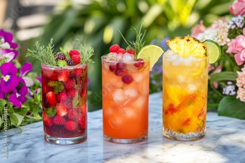 Bright and refreshing cocktails on a sunny day. Each drink is colorful and inviting. Perfect for summer gatherings or relaxing moments. Generative AI