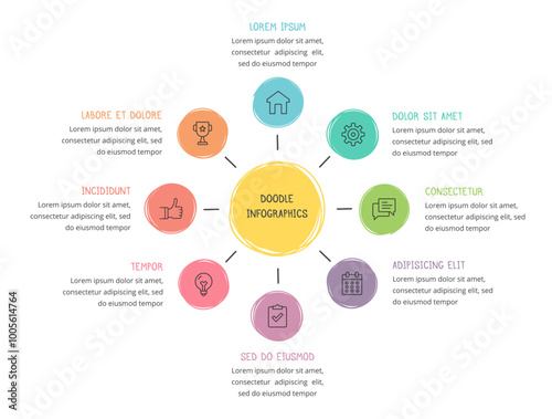 Doodle infographics, hand drawn circle diagram template with 8 elements, vector eps10 illustration